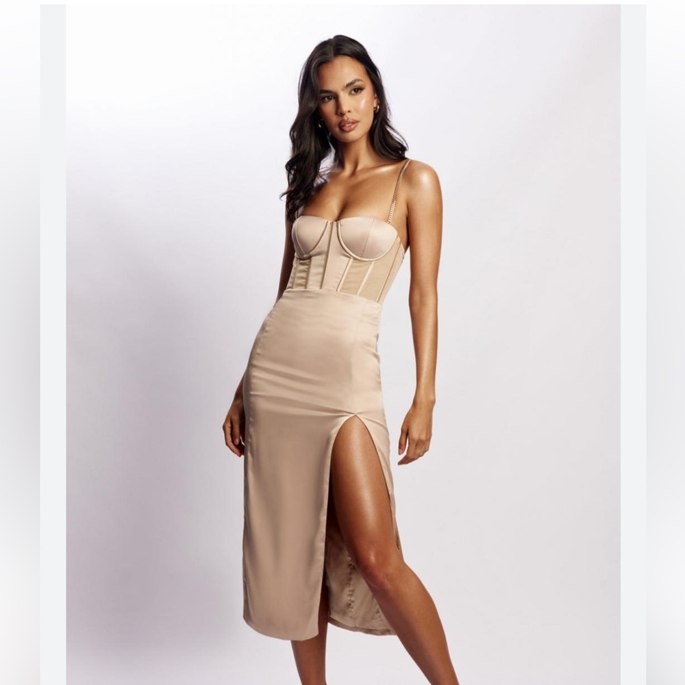 Meshki Talisa Chain Strap Side Split Corset Midi Dress
